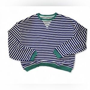 Free People white blue stripes green relaxed oversized long sleeve sweatshirt M